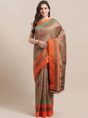 Beige printed art silk saree with blouse 1