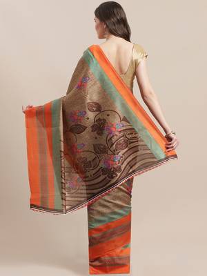 Beige printed art silk saree with blouse 2