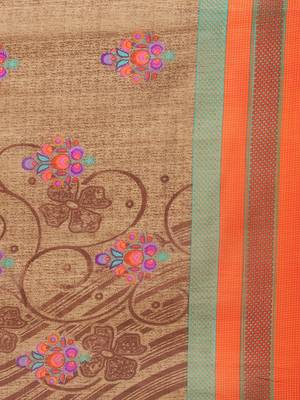 Beige printed art silk saree with blouse 4