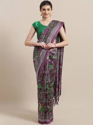 Purple printed art silk saree with blouse 1