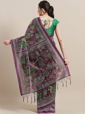 Purple printed art silk saree with blouse 2