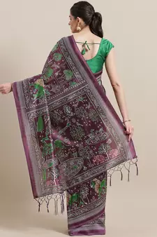 Purple printed art silk saree with blouse