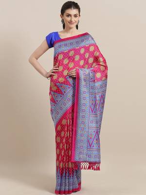 Pink printed art silk saree with blouse 1