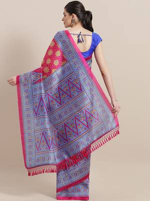 Pink printed art silk saree with blouse 2