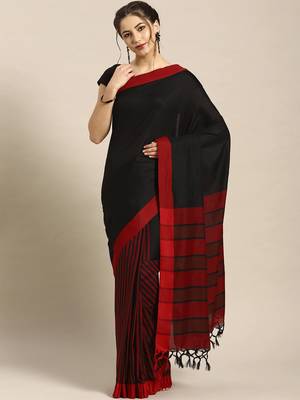 Black woven blended cotton saree with blouse 1