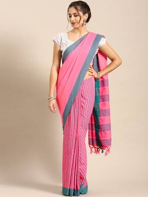 Pink woven blended cotton saree with blouse 1