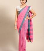 Pink woven blended cotton saree with blouse