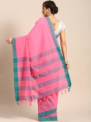 Pink woven blended cotton saree with blouse 2
