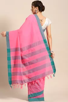 Pink woven blended cotton saree with blouse