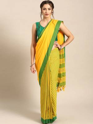 Yellow woven blended cotton saree with blouse 1