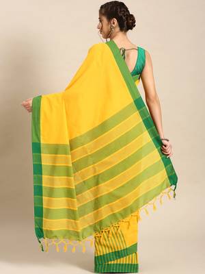 Yellow woven blended cotton saree with blouse 2