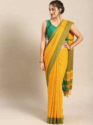 Yellow woven blended cotton saree with blouse 1