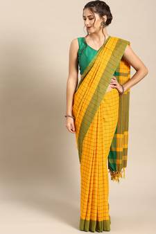 Yellow woven blended cotton saree with blouse