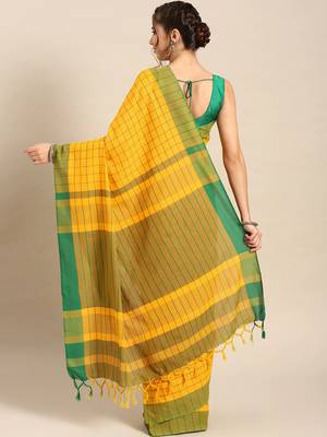 Yellow woven blended cotton saree with blouse 2