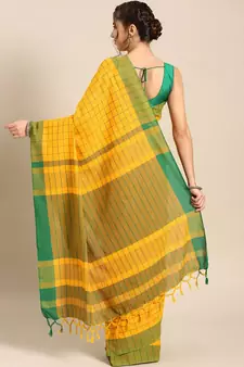 Yellow woven blended cotton saree with blouse