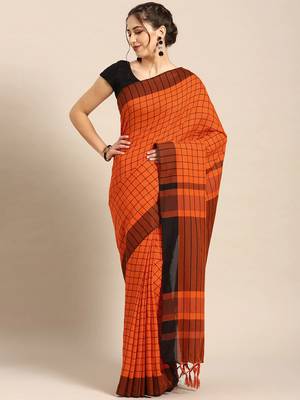 Orange woven blended cotton saree with blouse 1