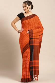Orange woven blended cotton saree with blouse
