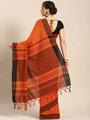 Orange woven blended cotton saree with blouse 2