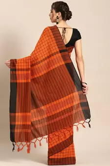 Orange woven blended cotton saree with blouse
