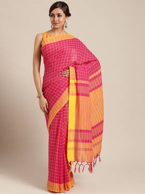 Pink woven blended cotton saree with blouse 1