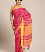 Pink woven blended cotton saree with blouse
