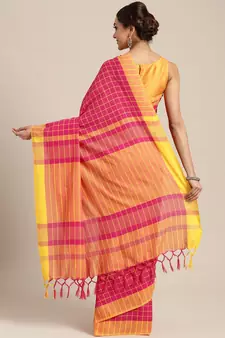 Pink woven blended cotton saree with blouse