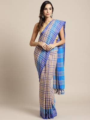 Beige woven blended cotton saree with blouse 1