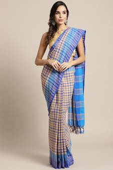 Beige woven blended cotton saree with blouse
