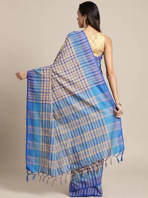 Beige woven blended cotton saree with blouse 2