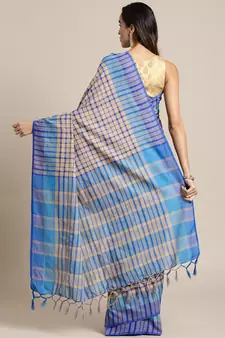 Beige woven blended cotton saree with blouse