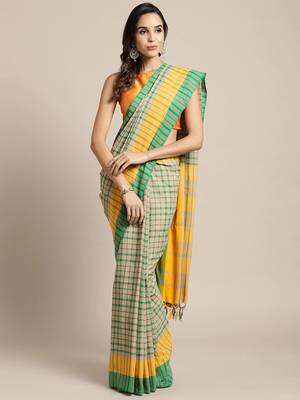 Green woven blended cotton saree with blouse 1