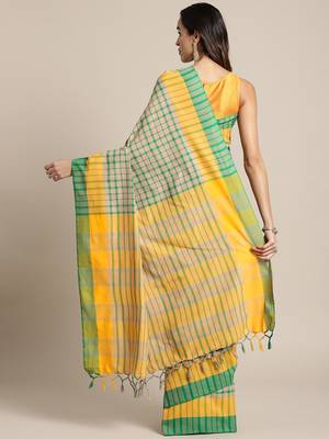 Green woven blended cotton saree with blouse 2