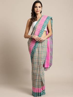 Beige woven blended cotton saree with blouse 1