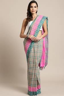 Beige woven blended cotton saree with blouse