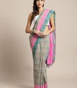 Beige woven blended cotton saree with blouse