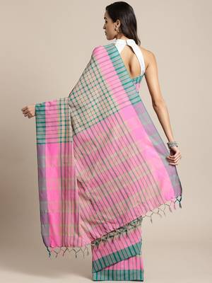 Beige woven blended cotton saree with blouse 2