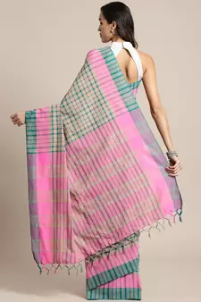 Beige woven blended cotton saree with blouse