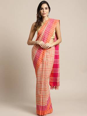 Beige woven blended cotton saree with blouse 1