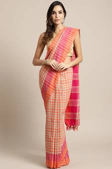 Beige woven blended cotton saree with blouse