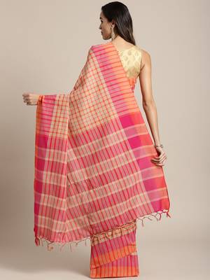 Beige woven blended cotton saree with blouse 2