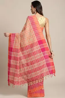 Beige woven blended cotton saree with blouse