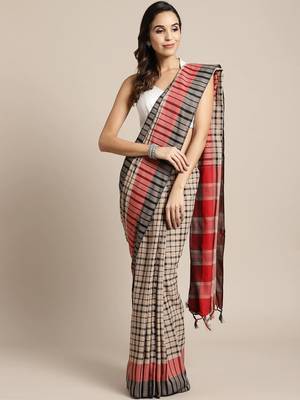 Beige woven blended cotton saree with blouse 1