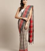 Beige woven blended cotton saree with blouse