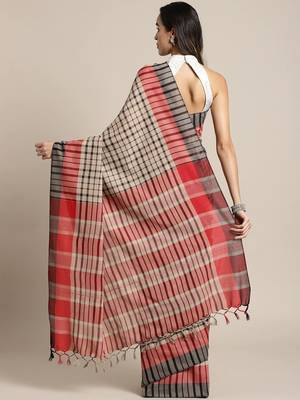 Beige woven blended cotton saree with blouse 2