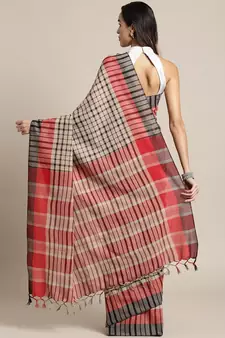Beige woven blended cotton saree with blouse