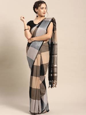 Black woven blended cotton saree with blouse 1