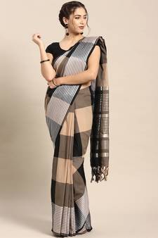 Black woven blended cotton saree with blouse