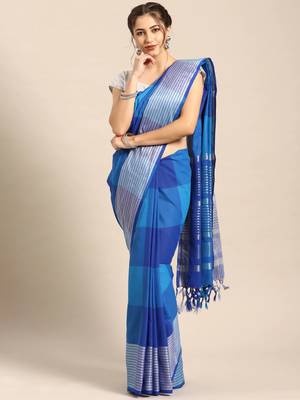 Blue woven blended cotton saree with blouse 1