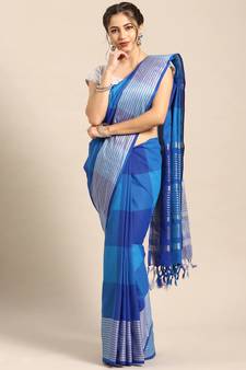 Blue woven blended cotton saree with blouse