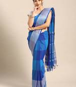Blue woven blended cotton saree with blouse